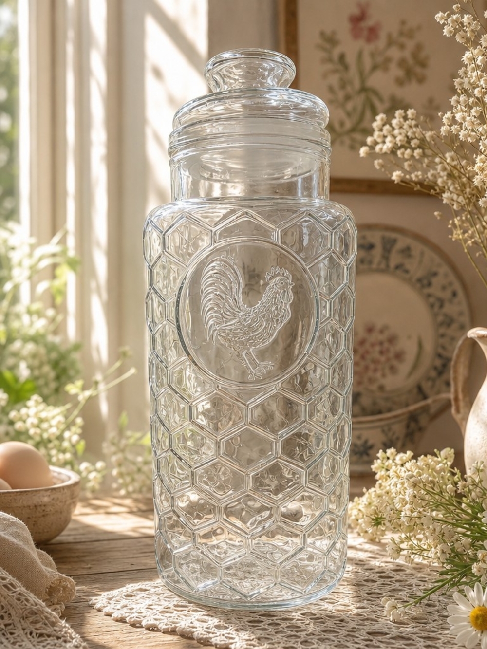Vintage Glass Rooster Jar- Canister – Honeycomb Pattern